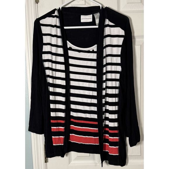 Alfred Dunner Shirt Set, Cardigan With Built In Tank, White With Black/Red, M - Picture 1 of 7